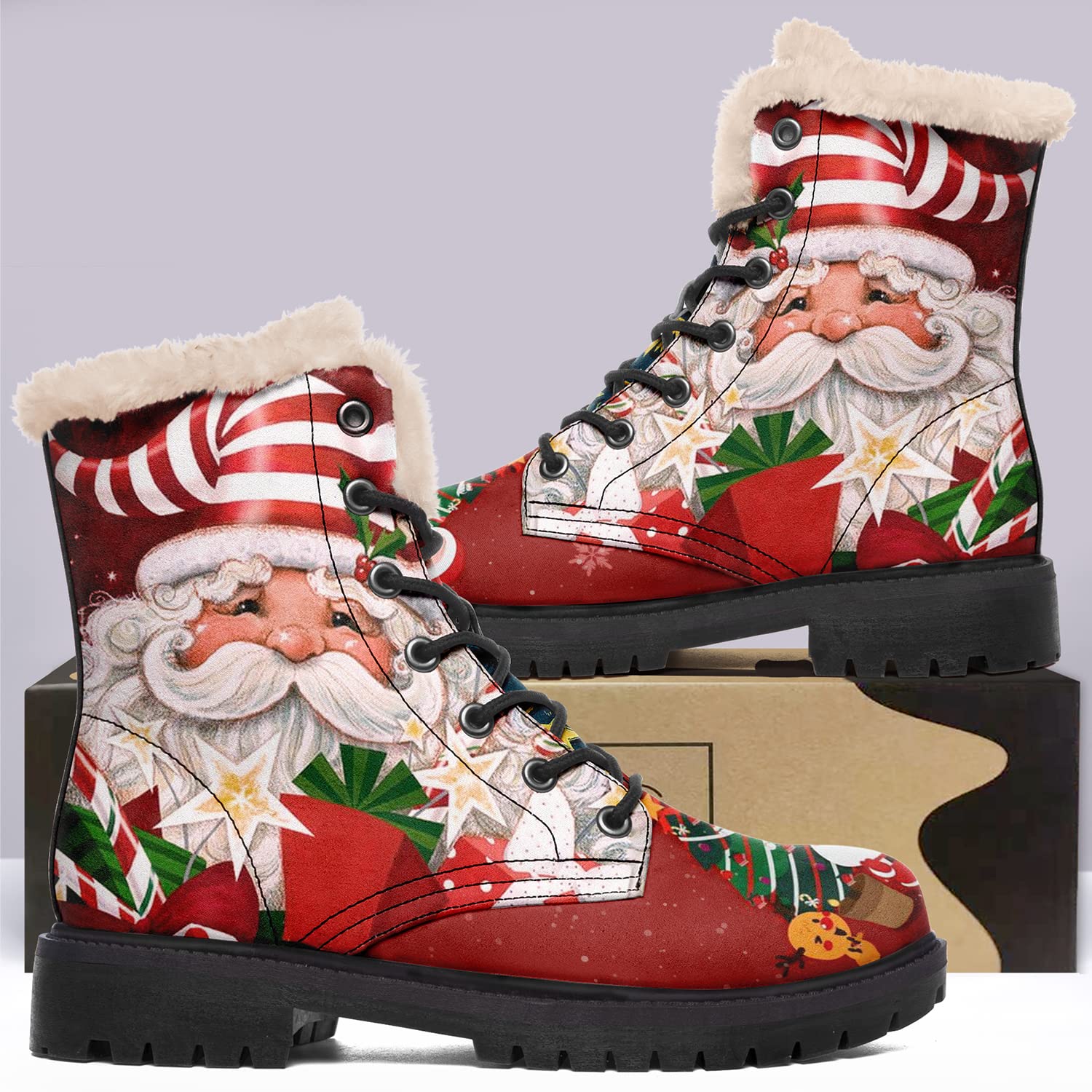 Botas femininas de inverno, botas de natal personalizadas com estampa de papai noel femininas forradas de pele com cadarço no tornozelo 